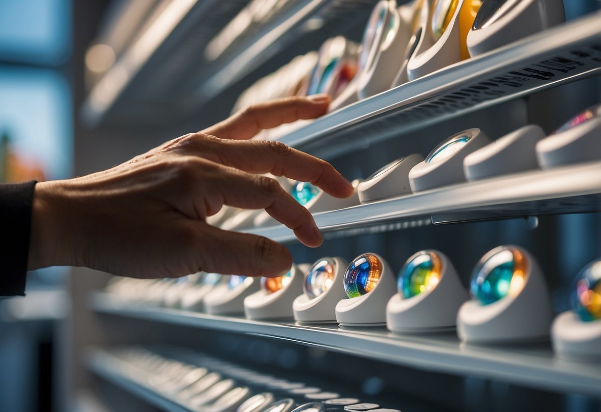 A hand reaching for a variety of contact lens packages on a display shelf in a well-lit optometry office