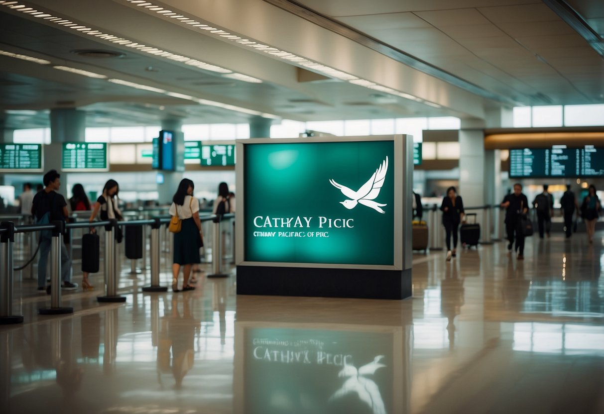 The Destination Cathay Pacific Singapore: A bustling airport terminal with planes on the runway and passengers boarding. The iconic Cathay Pacific logo prominently displayed