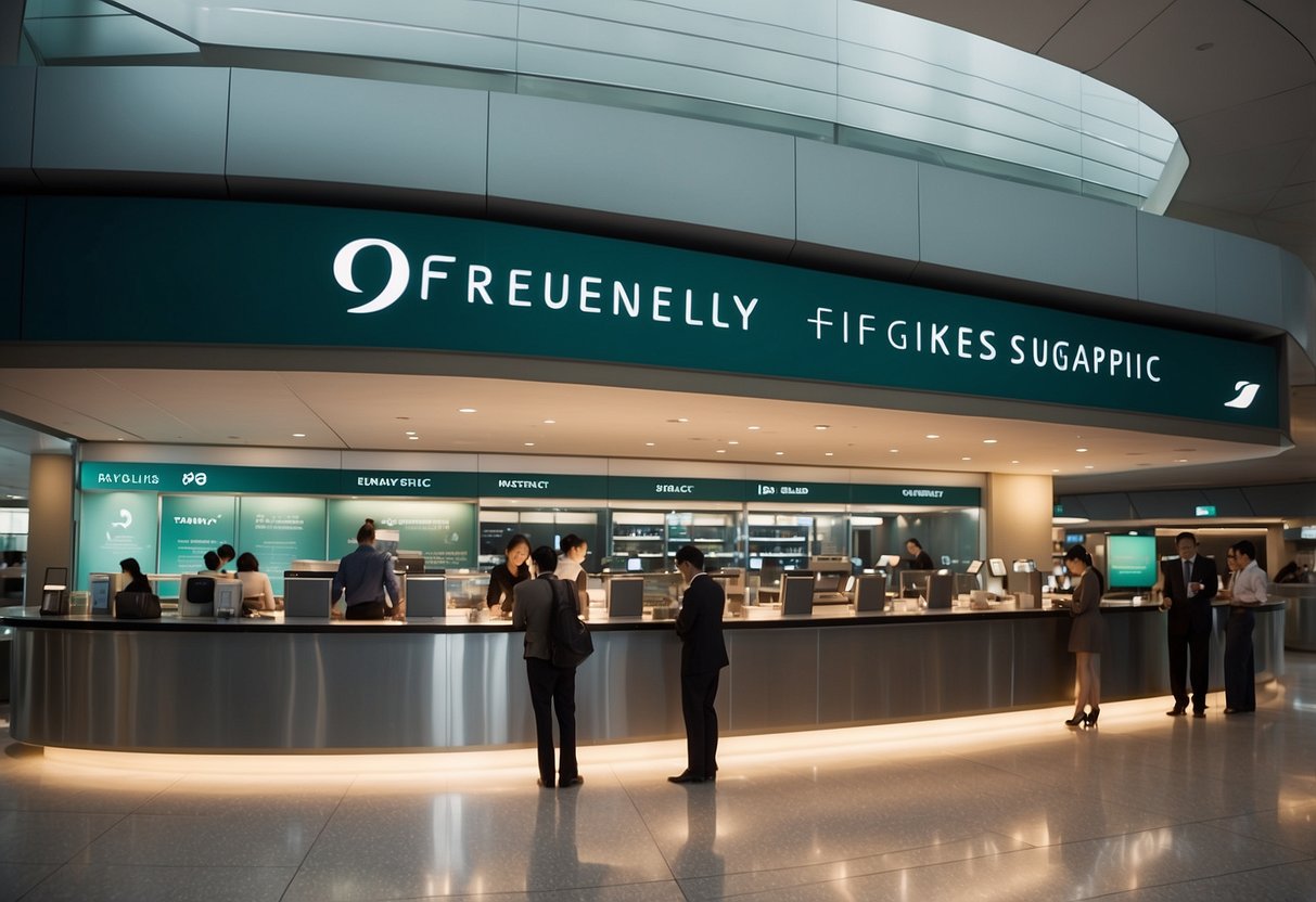 Passengers at a Cathay Pacific Singapore counter, with a sign reading "Frequently Asked Questions" displayed prominently