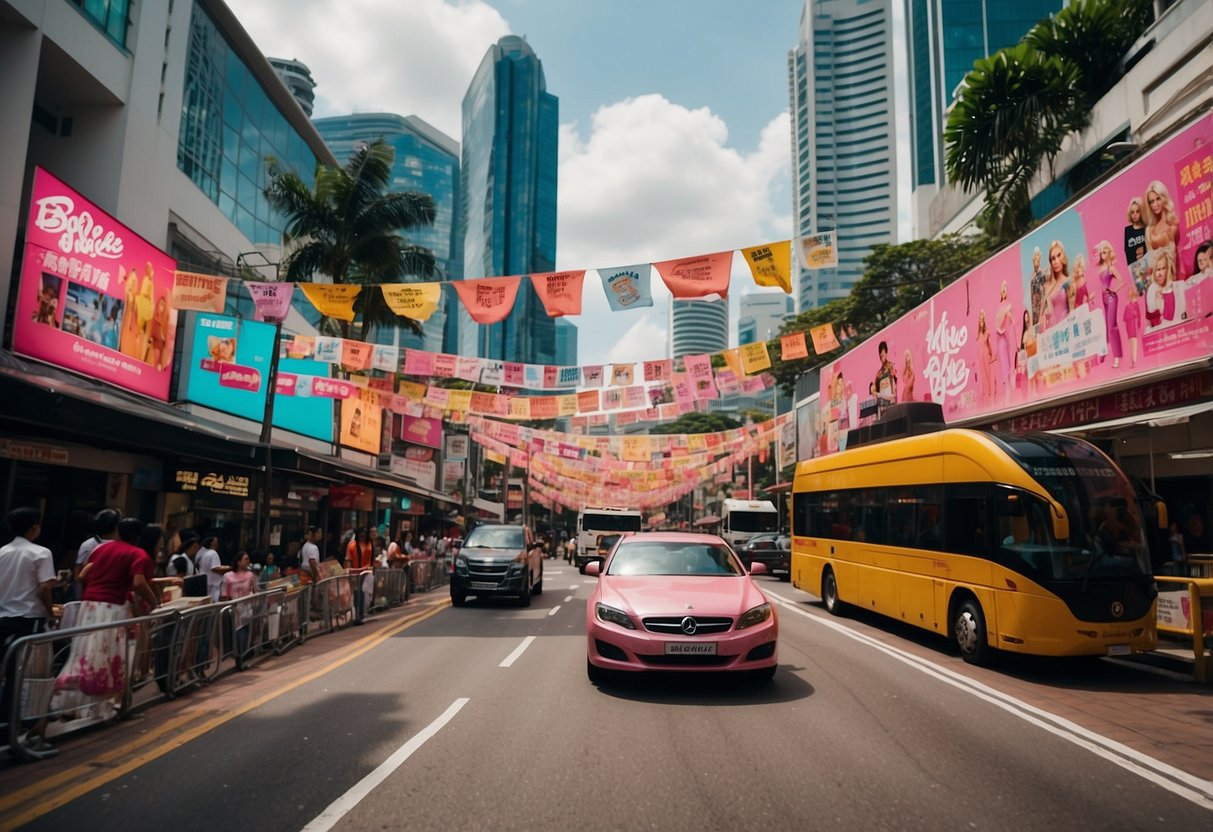 A bustling Singapore street adorned with colorful banners and posters celebrating the release of the latest Barbie movie, showcasing its cultural significance and impact on the local community