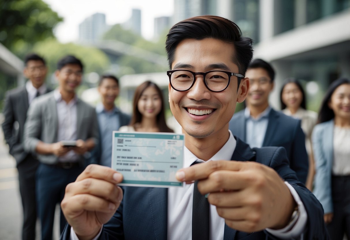 A person receiving an approved employment pass in Singapore, with a letter in hand and a smile on their face, surrounded by a diverse group of colleagues