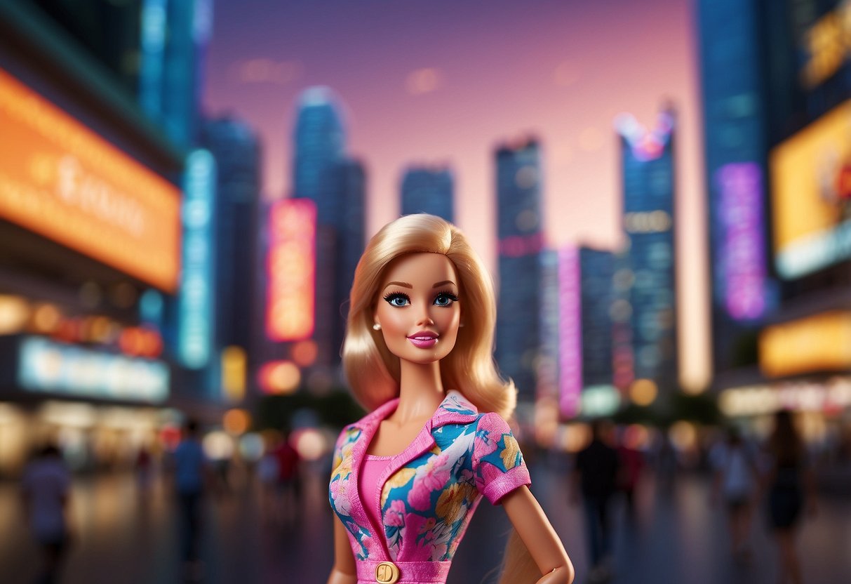 A colorful movie poster featuring Barbie in Singapore, with a backdrop of iconic landmarks and a "Frequently Asked Questions" banner