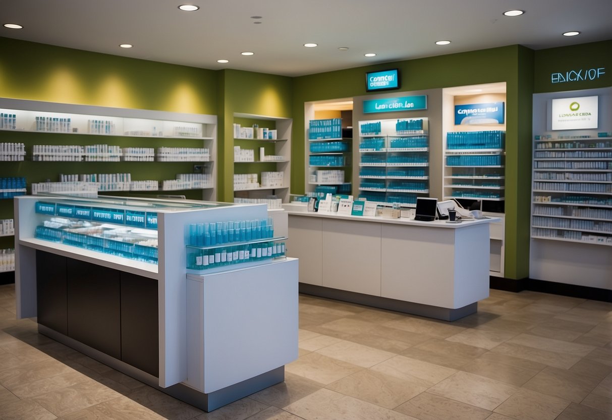 A bright, modern optometry shop with shelves of contact lens boxes and care solution bottles. A display of informational brochures on lens care