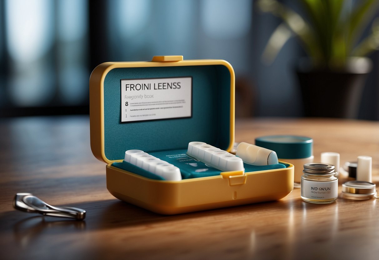 A contact lens box with "Frequently Asked Questions" printed on it, surrounded by various contact lens solutions and a pair of tweezers
