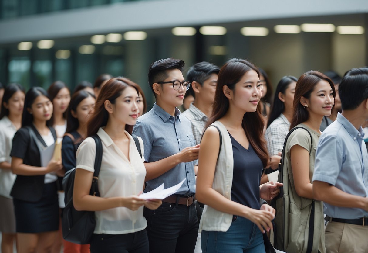 A group of people standing in line at a government office, holding documents and waiting to inquire about employment pass requirements in Singapore