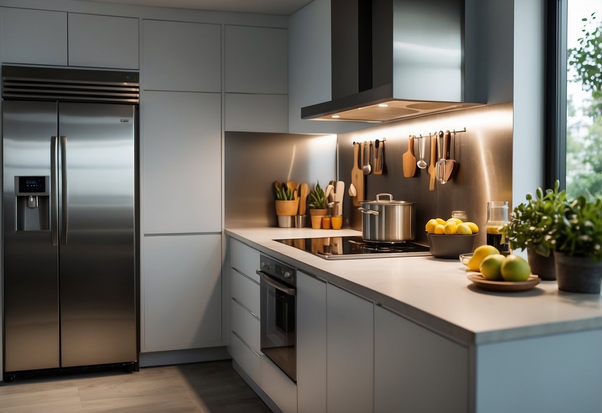A modern kitchen with a sleek stainless steel fridge, adorned with magnets and post-it notes, set against a backdrop of a clean, minimalist interior
