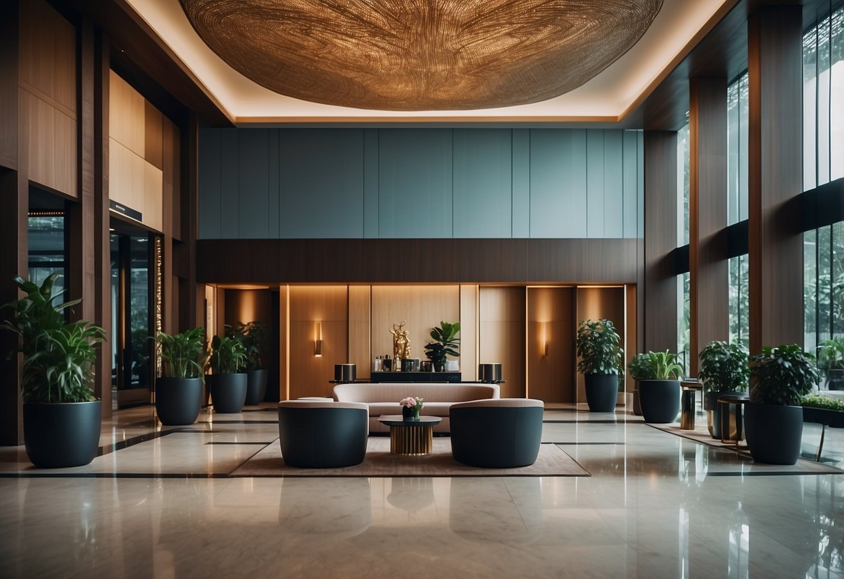 A sleek, modern hotel lobby in Singapore, with a front desk, comfortable seating, and a stylish interior design