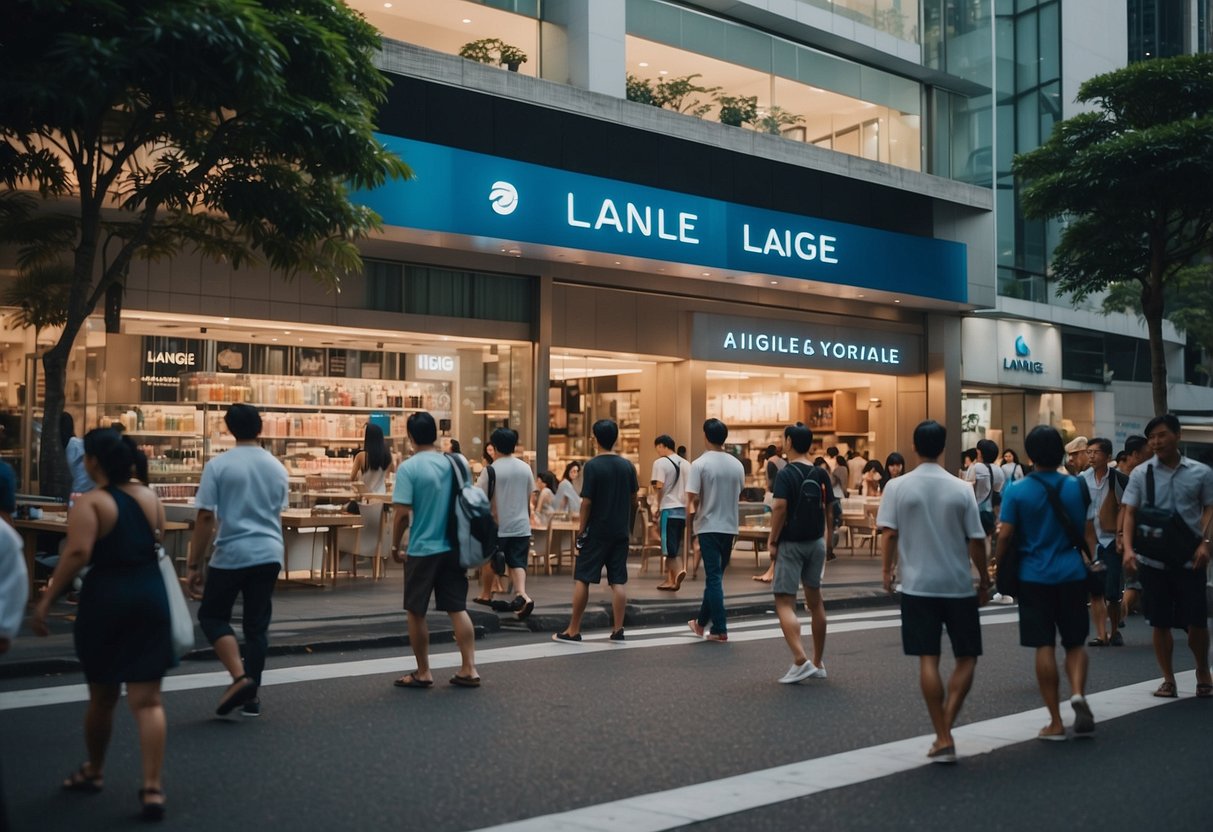 A bustling street in Singapore, with vibrant signage and bustling activity outside a Laneige store