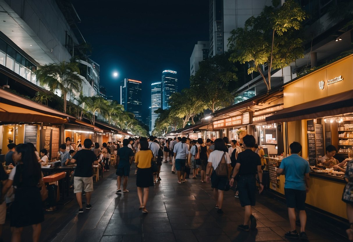 A bustling street in Singapore lined with elegant Michelin-starred restaurants, with colorful signs and bustling crowds
