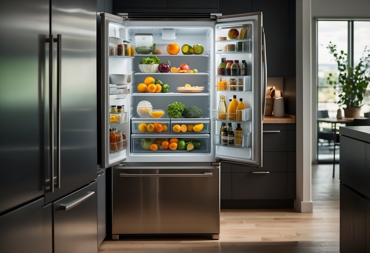 A modern, sleek fridge sits in a spacious, well-lit kitchen, with clean lines and a stainless steel finish, showcasing its energy-efficient features