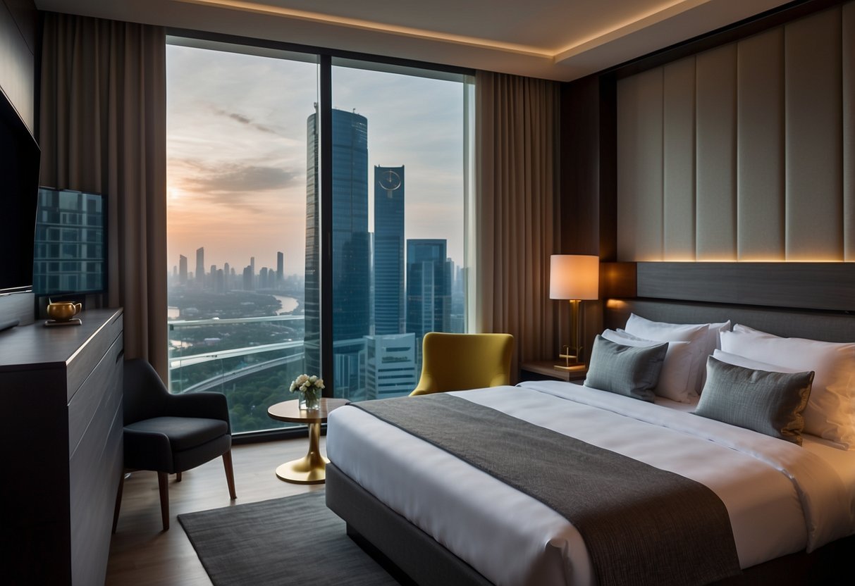 A cozy, modern hotel room with a comfortable bed, sleek furniture, and a city view. A clock on the wall shows the hourly rate, emphasizing the flexibility and convenience of hourly hotels in Singapore