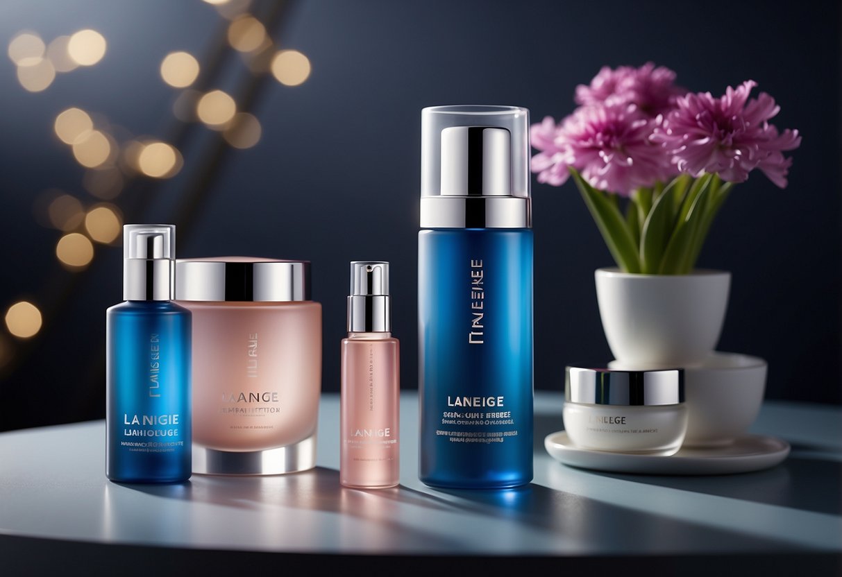 Laneige's signature products displayed on a sleek, minimalist shelf with soft, ambient lighting highlighting their elegant packaging and luxurious textures