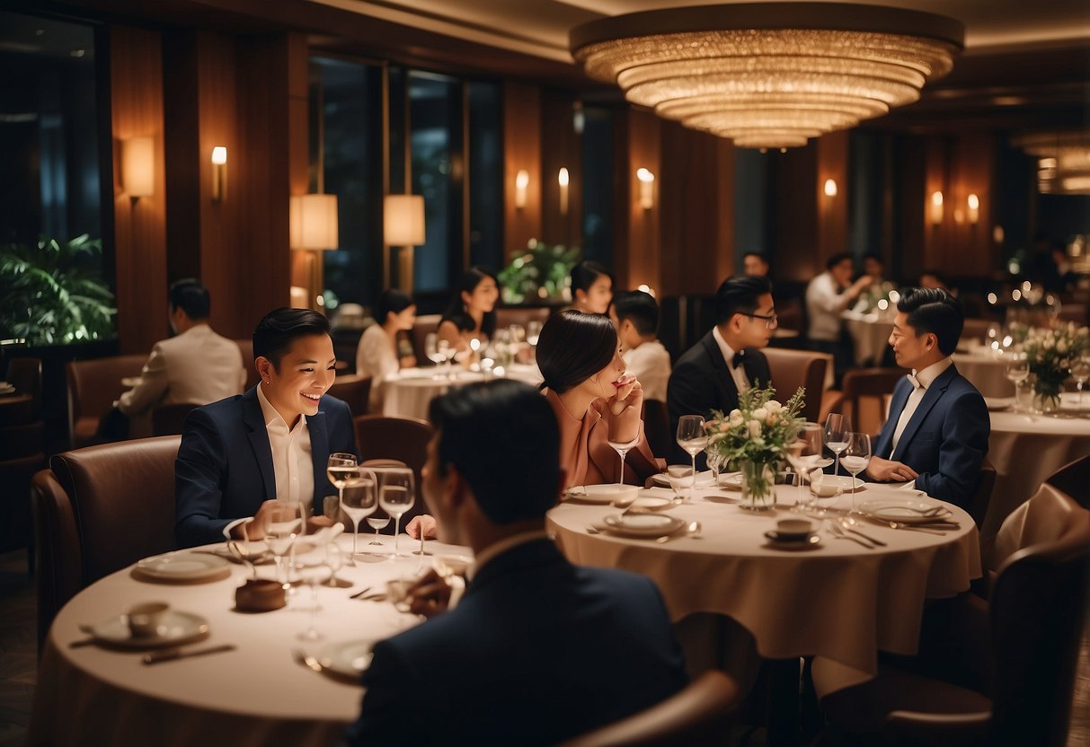 Diners enjoying exquisite dishes at a Michelin star restaurant in Singapore. Luxurious ambiance, elegant plating, and attentive service