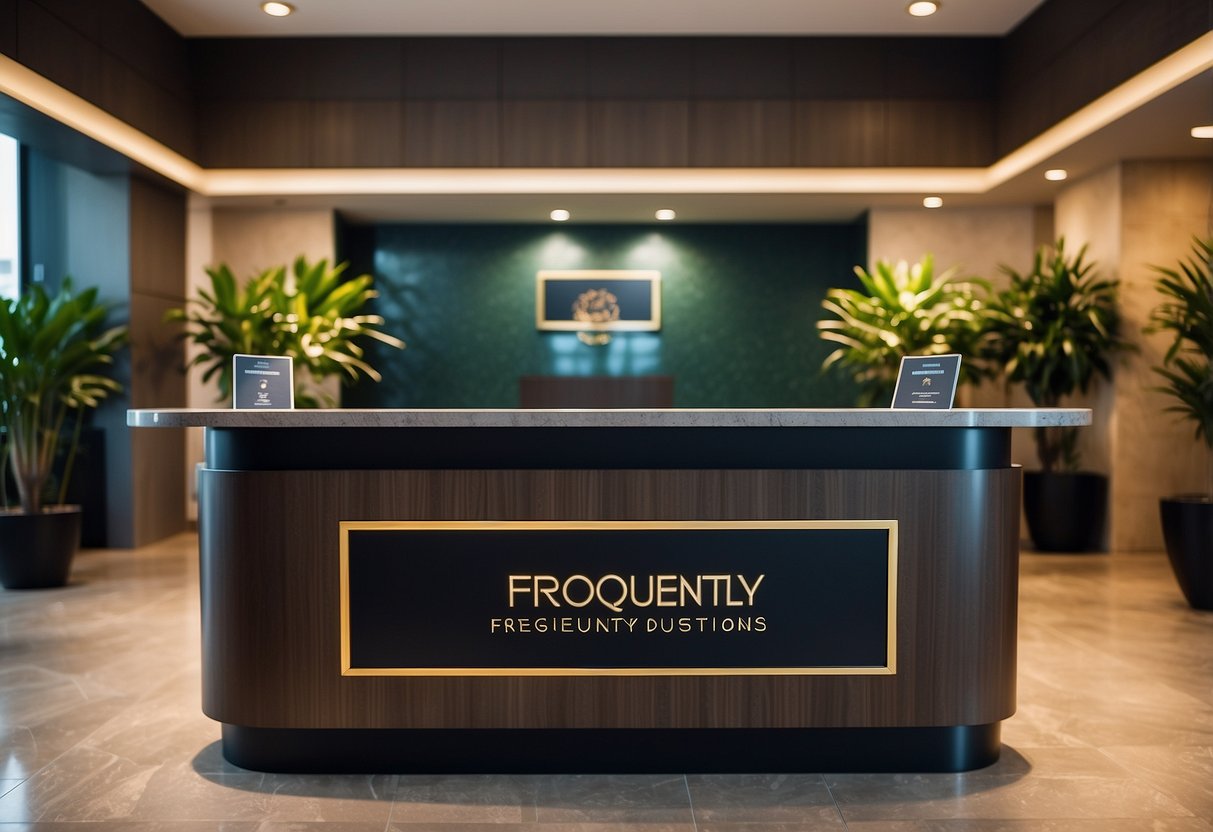 A reception desk with a sign "Frequently Asked Questions" at an hourly hotel in Singapore