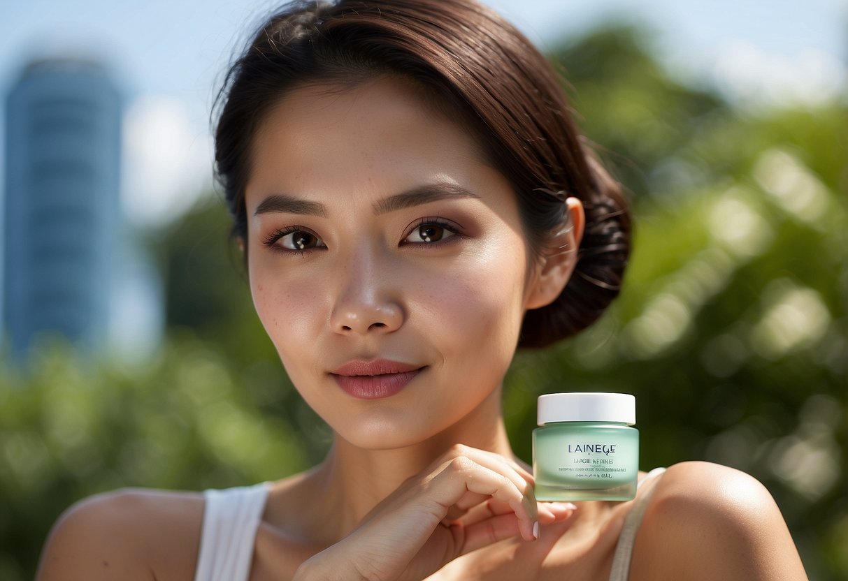 A sunny day in Singapore, with lush greenery and a clear blue sky. A woman applies Laneige skincare products, protecting her skin from the hot and humid climate