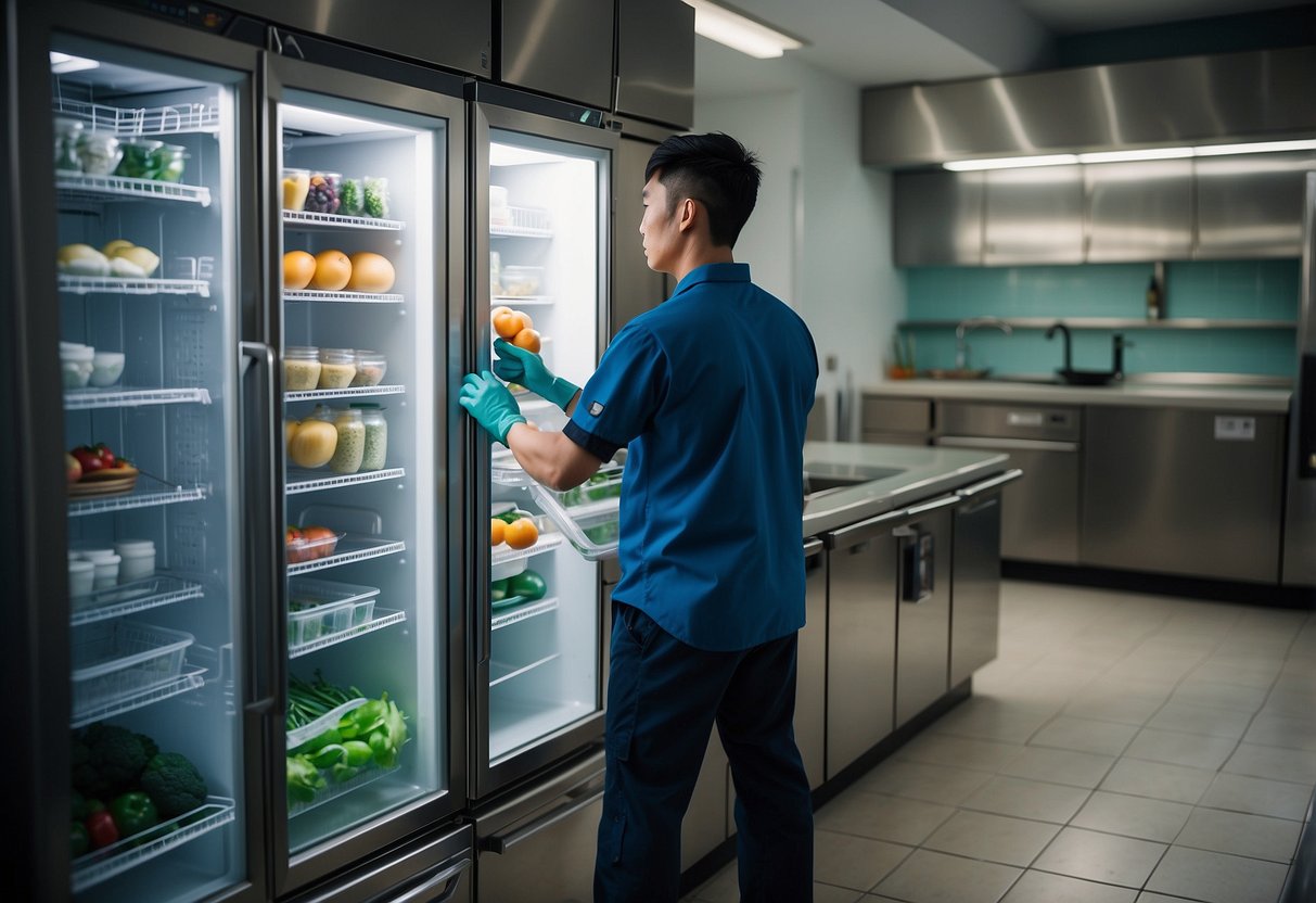 A technician cleans and inspects a commercial fridge in a bright, organized kitchen setting in Singapore