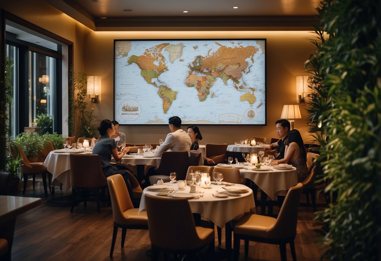 Diners at a table, surrounded by elegant decor, eagerly perusing a map of Michelin-starred restaurants in Singapore