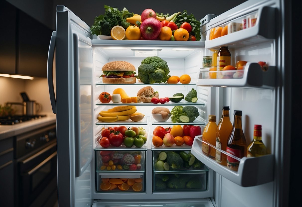 A fridge with "Frequently Asked Questions" written in bold letters, surrounded by various food and drink items, and a magnetic calendar on the door