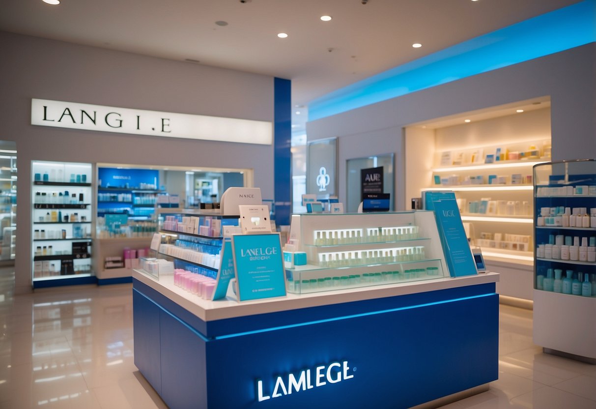 A vibrant display of Laneige skincare products with a "Frequently Asked Questions" sign in a Singaporean beauty store