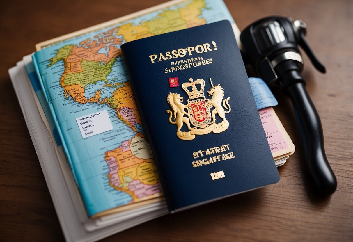 A colorful passport with "Visit Pass Singapore" stamped on a page, surrounded by travel-related items like a plane ticket, map, and suitcase