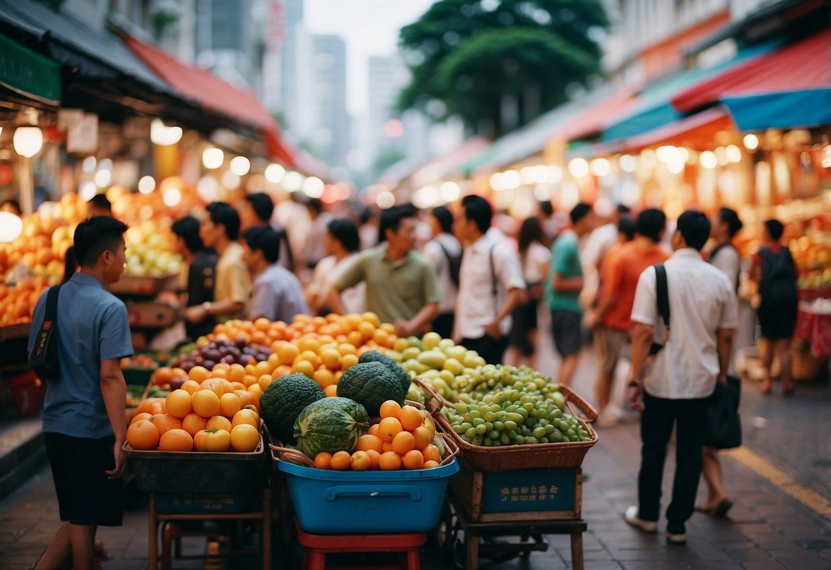 Colorful street market with bustling crowds, vibrant shops, and historic architecture in Bugis, Singapore