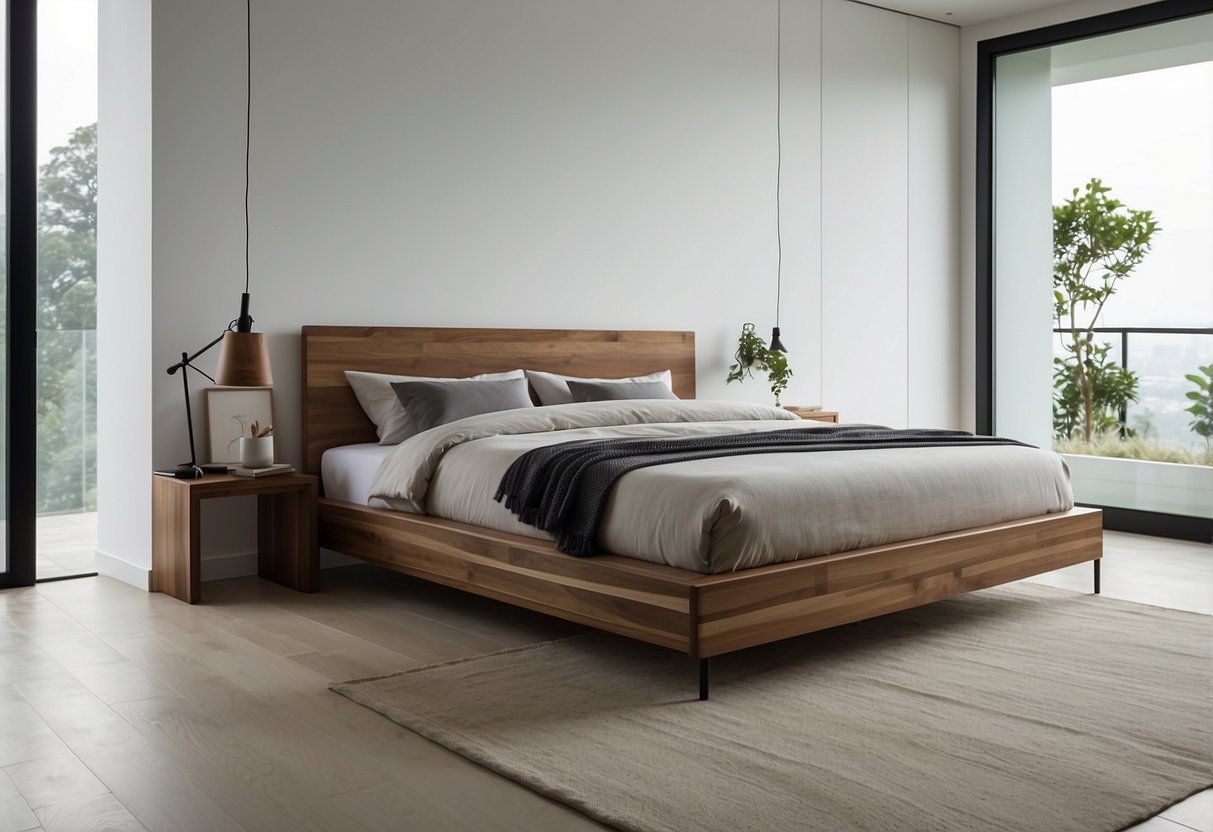 A sturdy wooden bed frame stands against a white wall in a modern Singaporean bedroom, with clean lines and a sleek, minimalist design