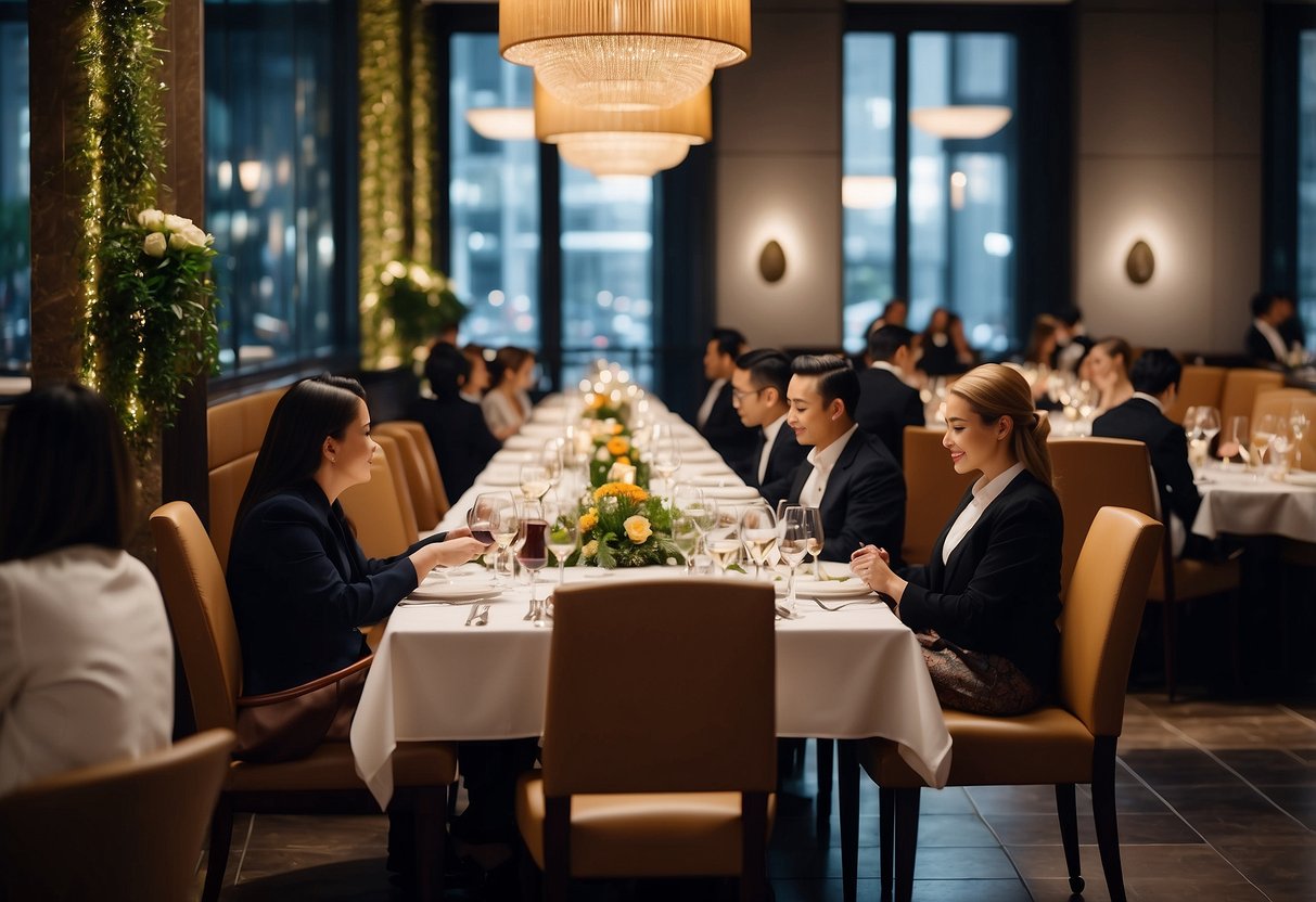 A bustling restaurant with elegant decor and attentive staff serving exquisite dishes under the gleaming Michelin star emblem