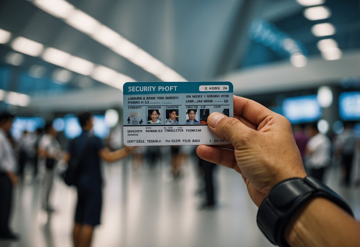 Visitor holds up a pass at a security checkpoint in Singapore