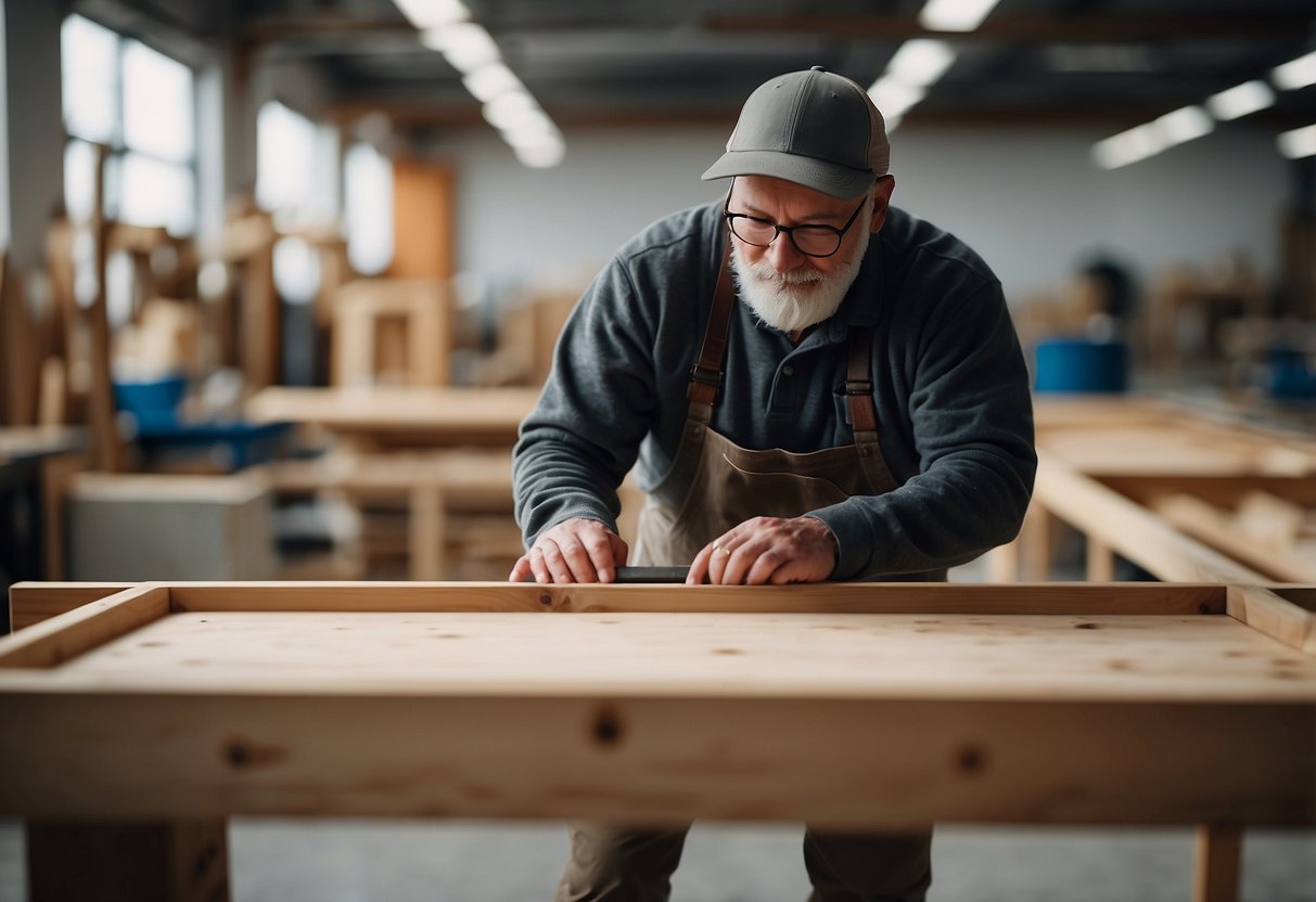 A carpenter carefully selects a sturdy wooden bed frame from a variety of options in a well-lit workshop