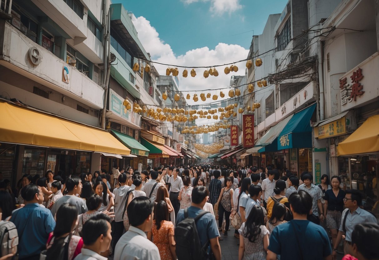 Busy Bugis Street, lined with colorful shops and bustling with activity. Surrounding buildings show a mix of traditional and modern architecture