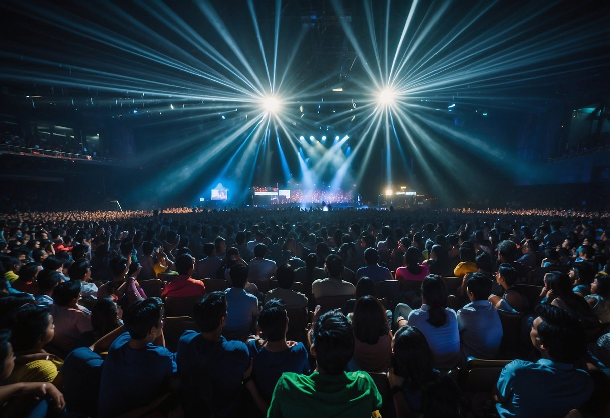 A vibrant crowd sways to Yuvan's music in a packed concert hall in Singapore. The stage is illuminated with colorful lights, creating an electric atmosphere