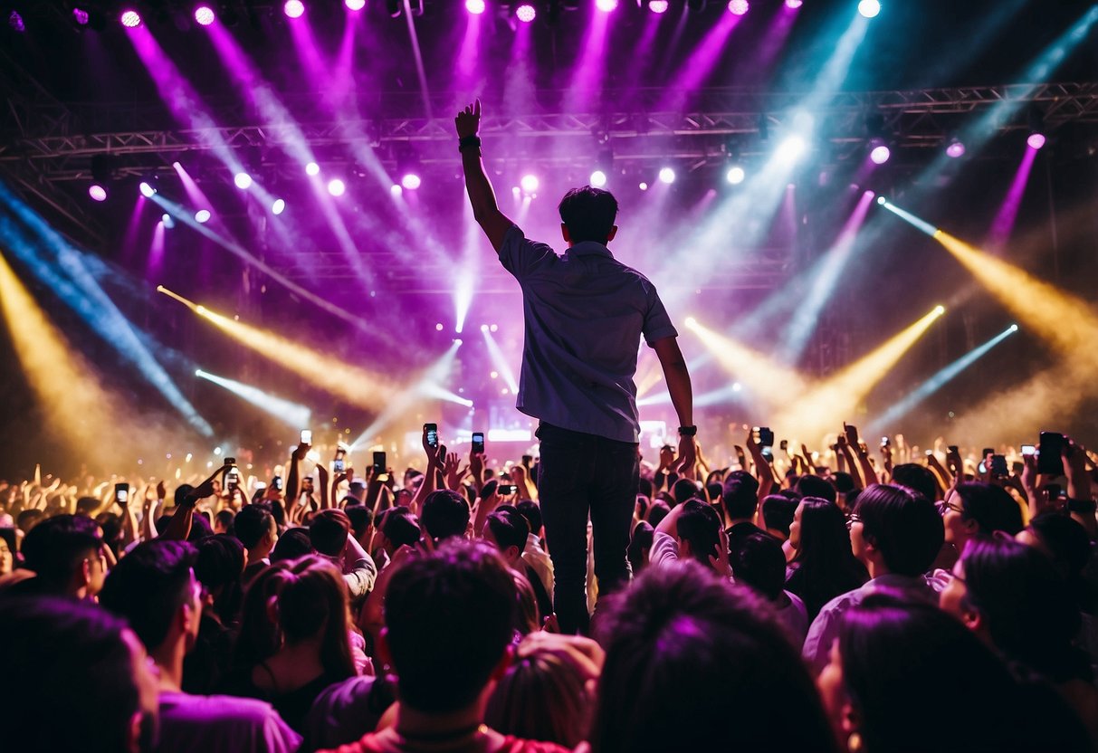 A vibrant concert stage with colorful lights and a large crowd of excited fans in Singapore