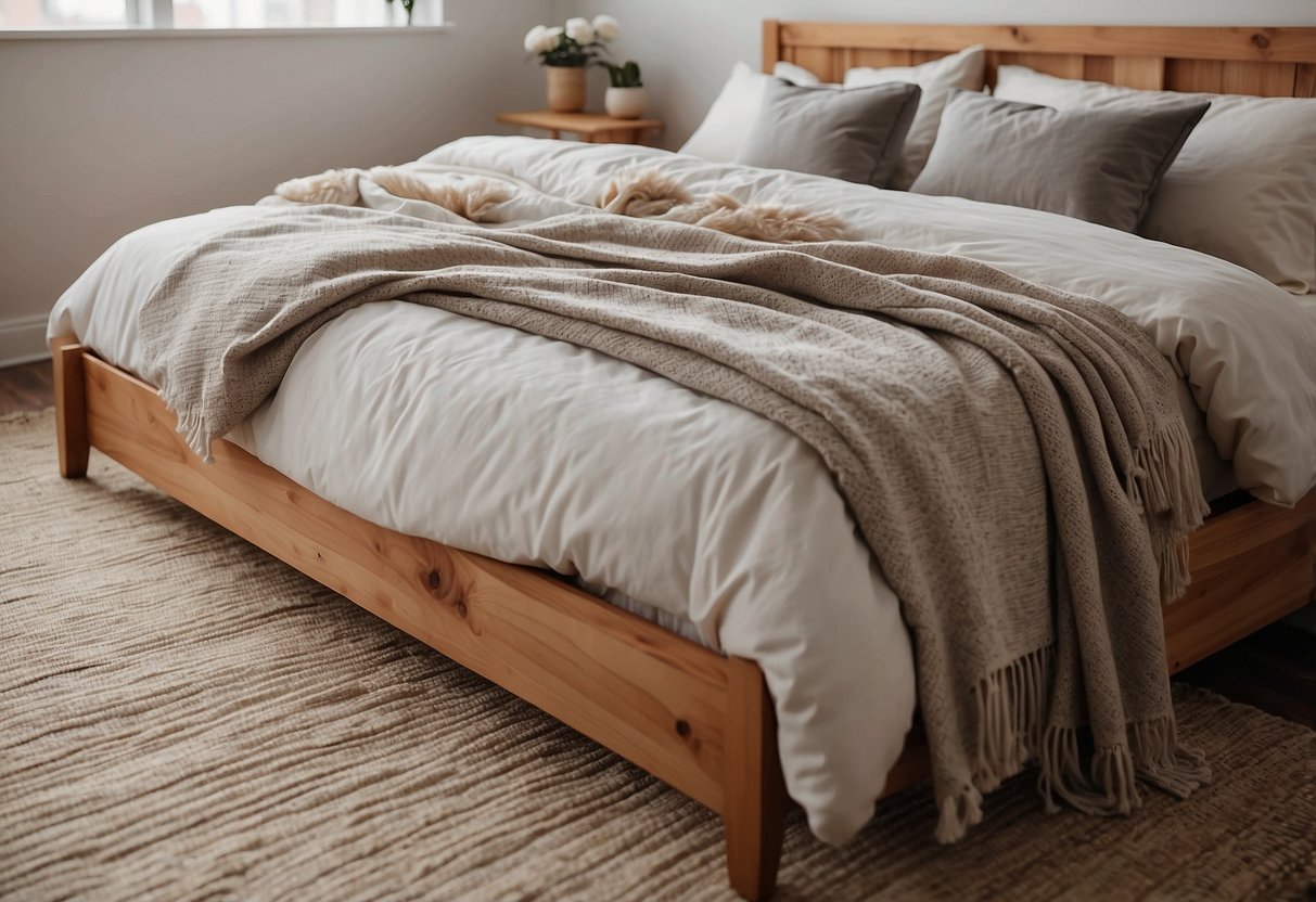 A wooden bed frame stands against a neutral wall, with neatly tucked bedding and a few decorative pillows. The room is well-lit and tidy, with a rug under the bed