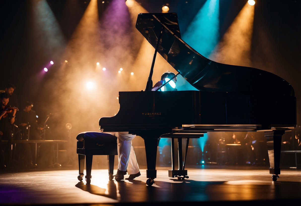 The stage is bathed in colorful lights, with a grand piano at the center. The audience is captivated by the passionate performance of Yuvan in Singapore