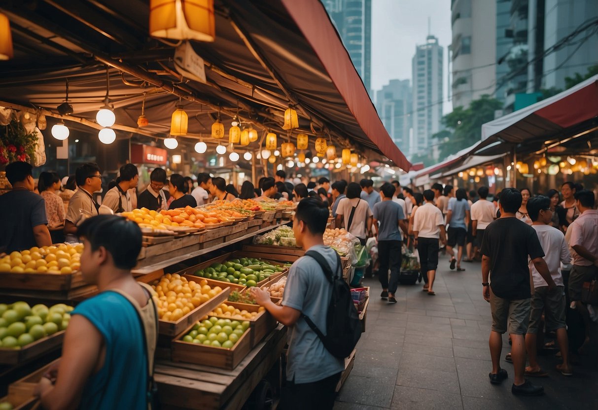 Colorful street market with lively music, bustling crowds, and vibrant food stalls in Bugis, Singapore. Outdoor performances and cultural displays add to the festive atmosphere