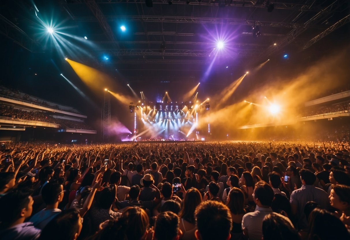 A crowded concert venue in Singapore with a large stage, bright lights, and enthusiastic fans