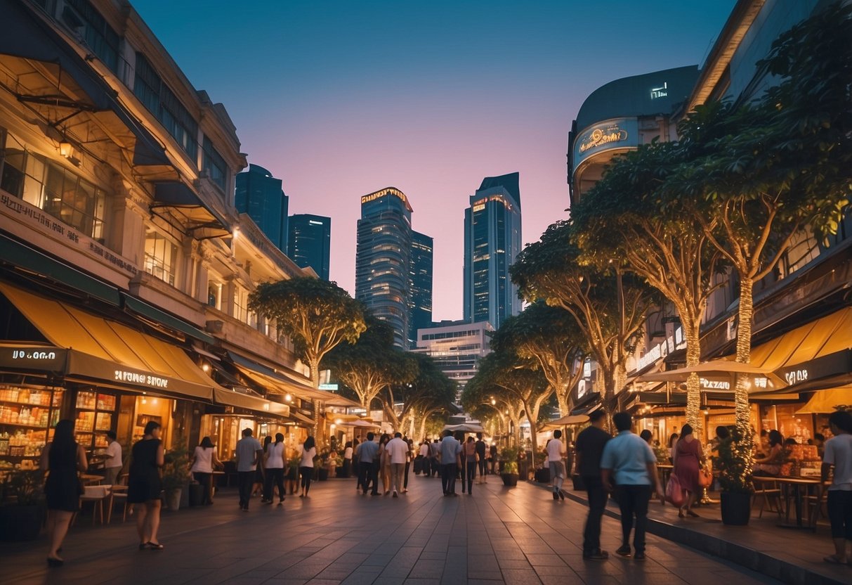 A vibrant cityscape with iconic landmarks, bustling streets, and colorful storefronts, capturing the energy and diversity of Pazzion Singapore
