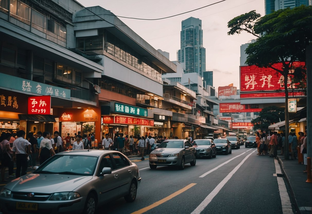 A bustling street in Singapore, with iconic red buildings and vibrant signage, capturing the energy and diversity of the city