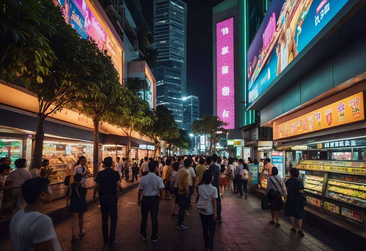 A colorful, bustling street scene in Singapore with bright neon lights, people buying lottery tickets, and a live 4D draw on a large screen