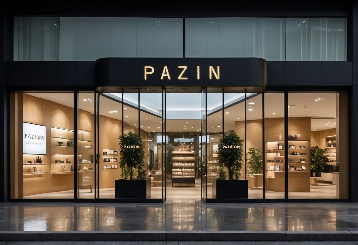 A storefront of Pazzion in Singapore, with a sleek and modern design, showcasing the brand's name and logo prominently