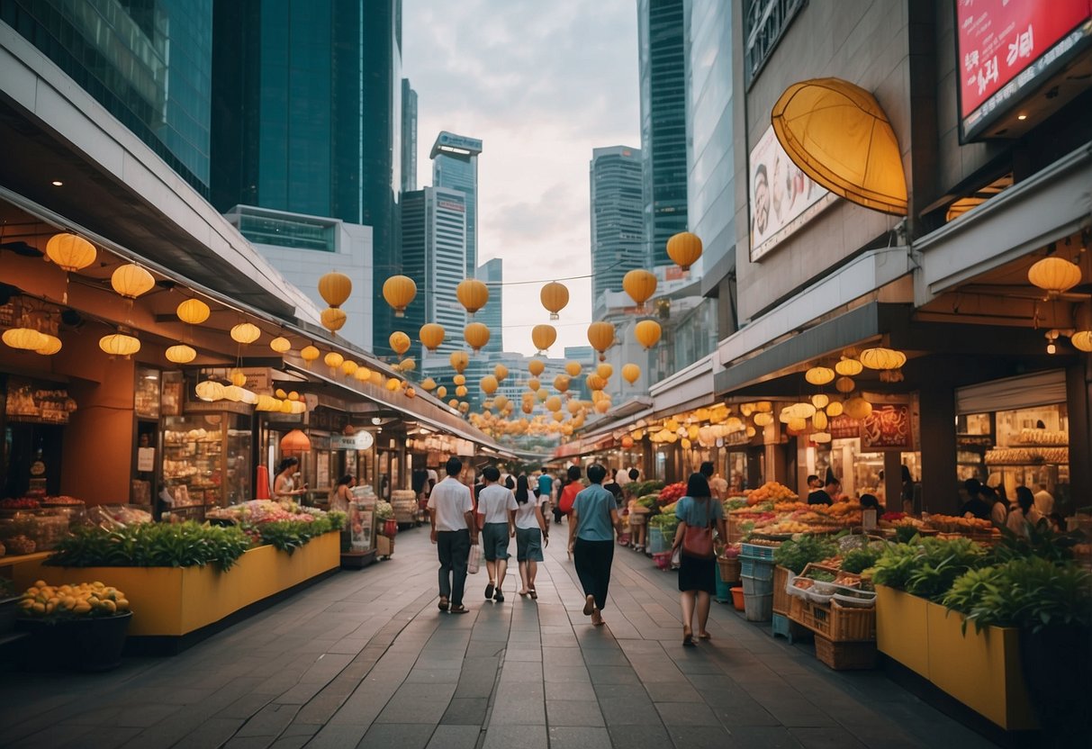 A colorful and vibrant scene of bustling streets, iconic landmarks, and diverse cultural elements representing the essence of Singapore
