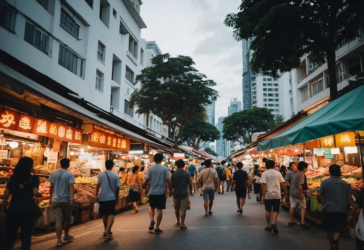 People exploring Bugis, Singapore, with colorful buildings, bustling streets, and vibrant market stalls
