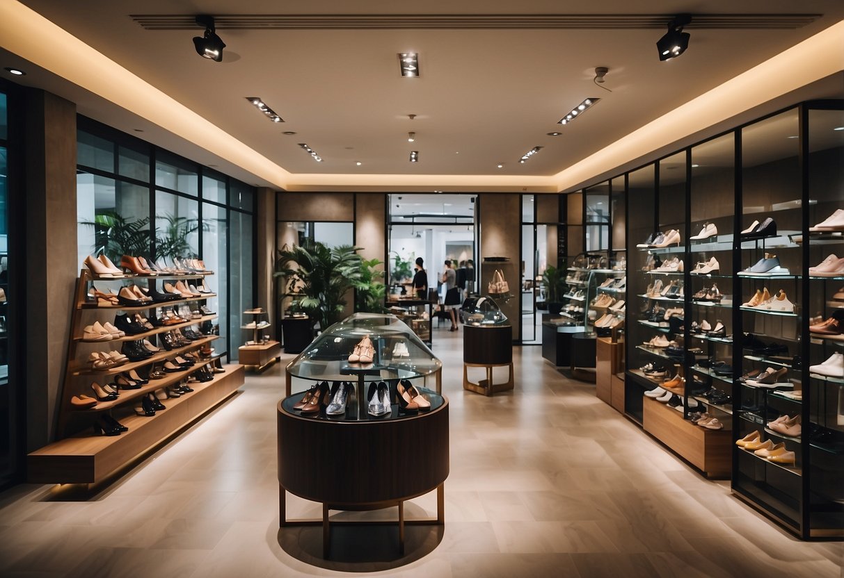A bustling Pazzion shoe boutique in Singapore, with elegant displays and customers browsing stylish footwear