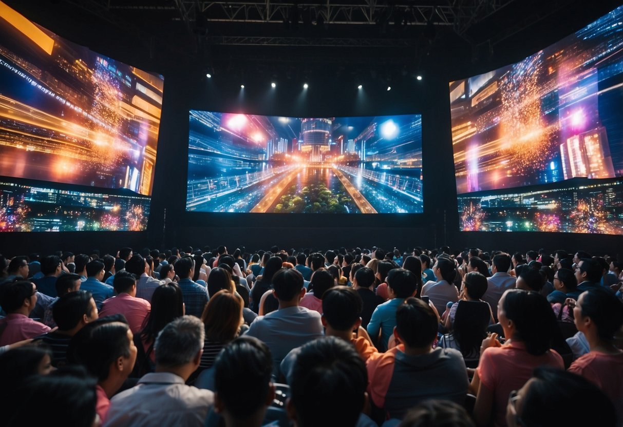 People eagerly watch Singapore 4D live, surrounded by colorful screens and flashing lights. Excitement fills the air as numbers are drawn