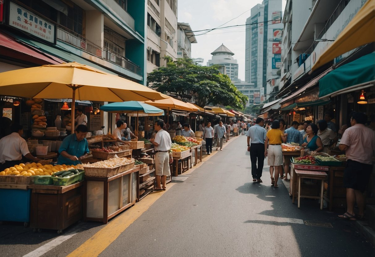 A bustling street in Redman Singapore, with colorful storefronts and vibrant street vendors, surrounded by a mix of locals and tourists