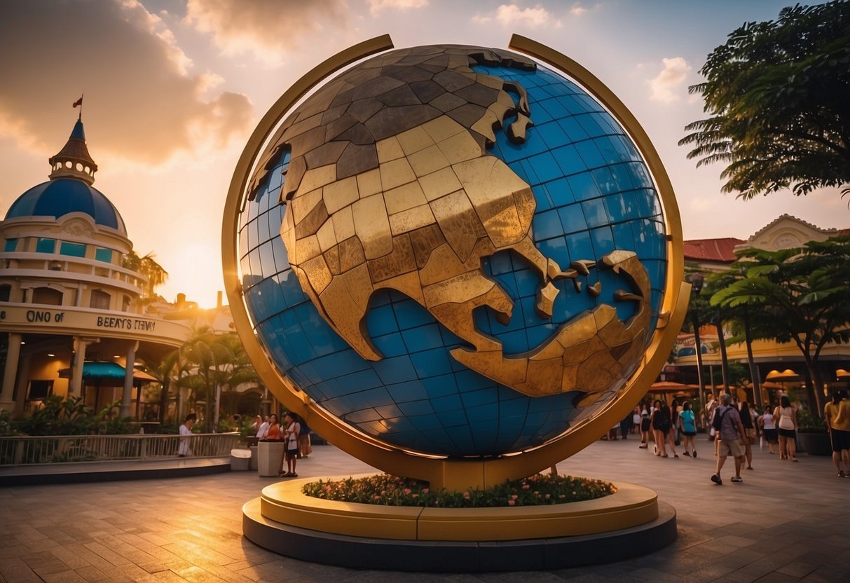 The sun sets behind the iconic Universal Studios Singapore globe, casting a warm glow over the bustling theme park and its vibrant attractions