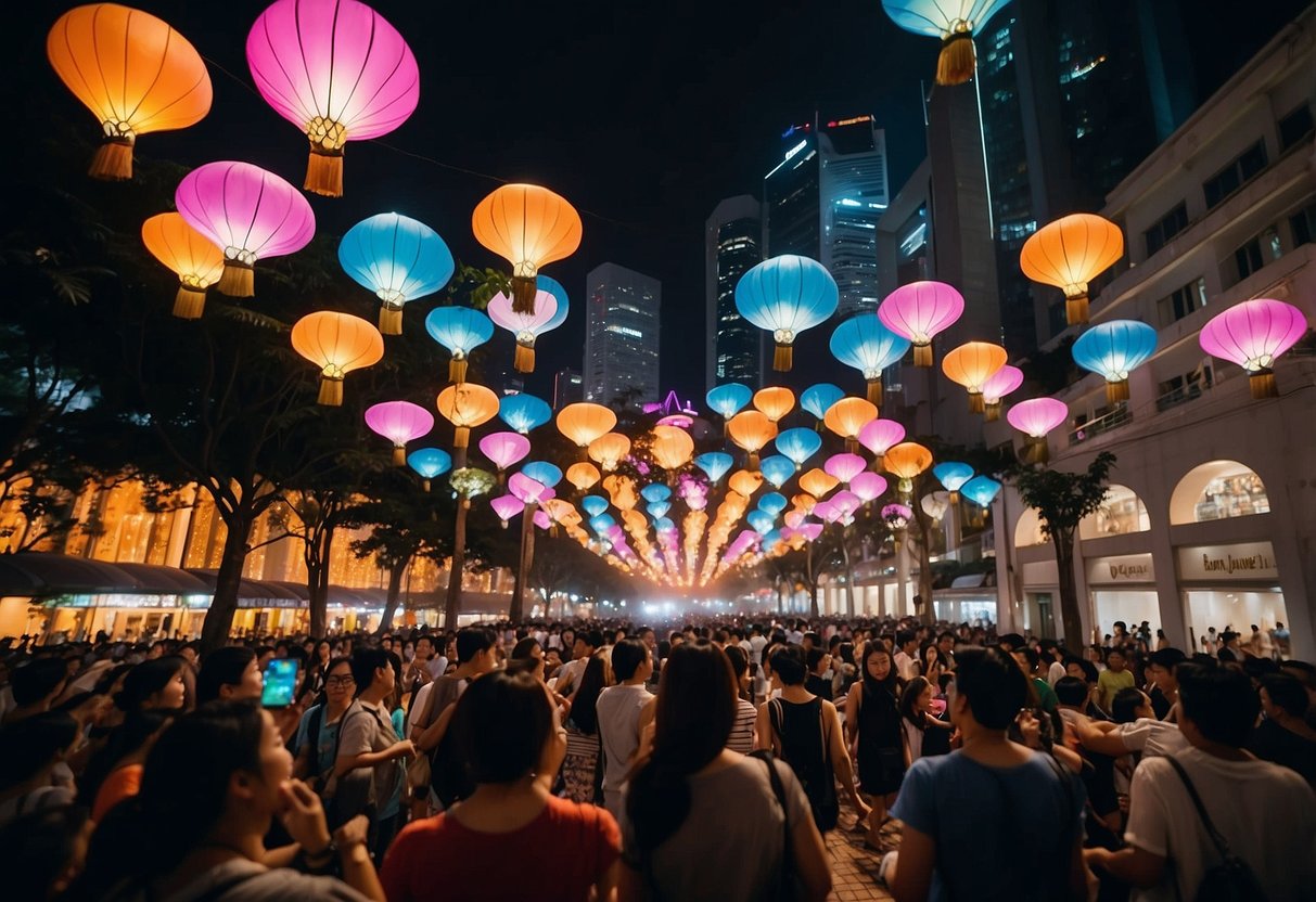 Vibrant lights illuminate the city streets, casting a colorful glow on the historic buildings. Crowds gather to admire the dazzling art installations and performances at the Singapore Night Festival