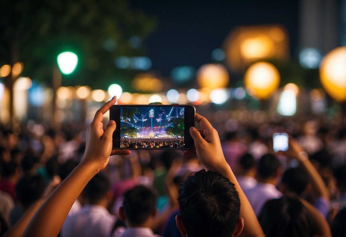 Colorful lights illuminate the night, casting a warm glow over bustling festival attractions and activities in Singapore. Music fills the air as people gather to enjoy the lively atmosphere