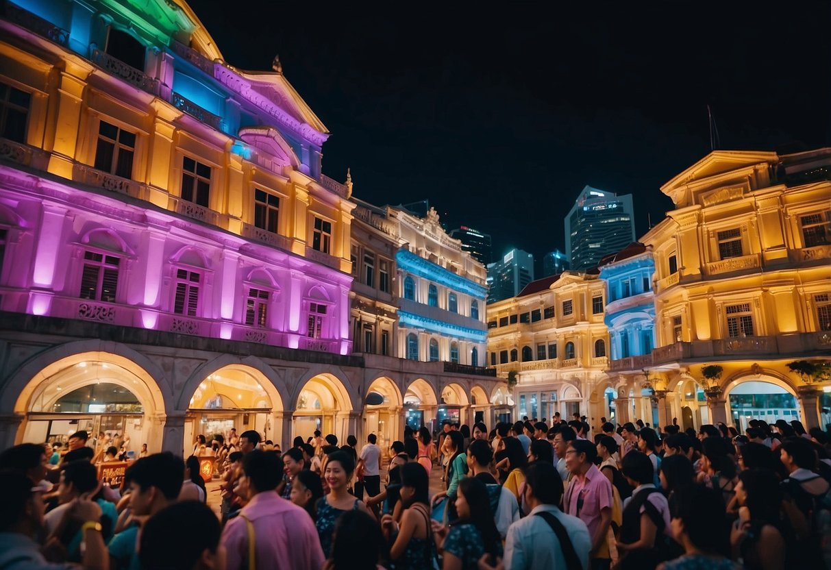 Brightly lit historic buildings surround a bustling street filled with colorful installations and performances at the Singapore Night Festival