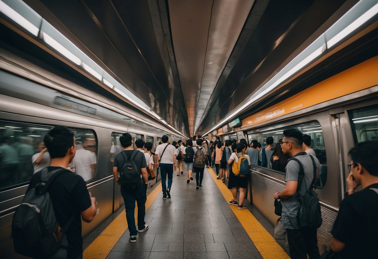 The subway in Singapore bustles with commuters, sleek trains, and modern architecture, creating a vibrant and bustling urban atmosphere